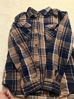 Coors Men’s Navy and Tan Plaid Button-Up Flannel Shirt